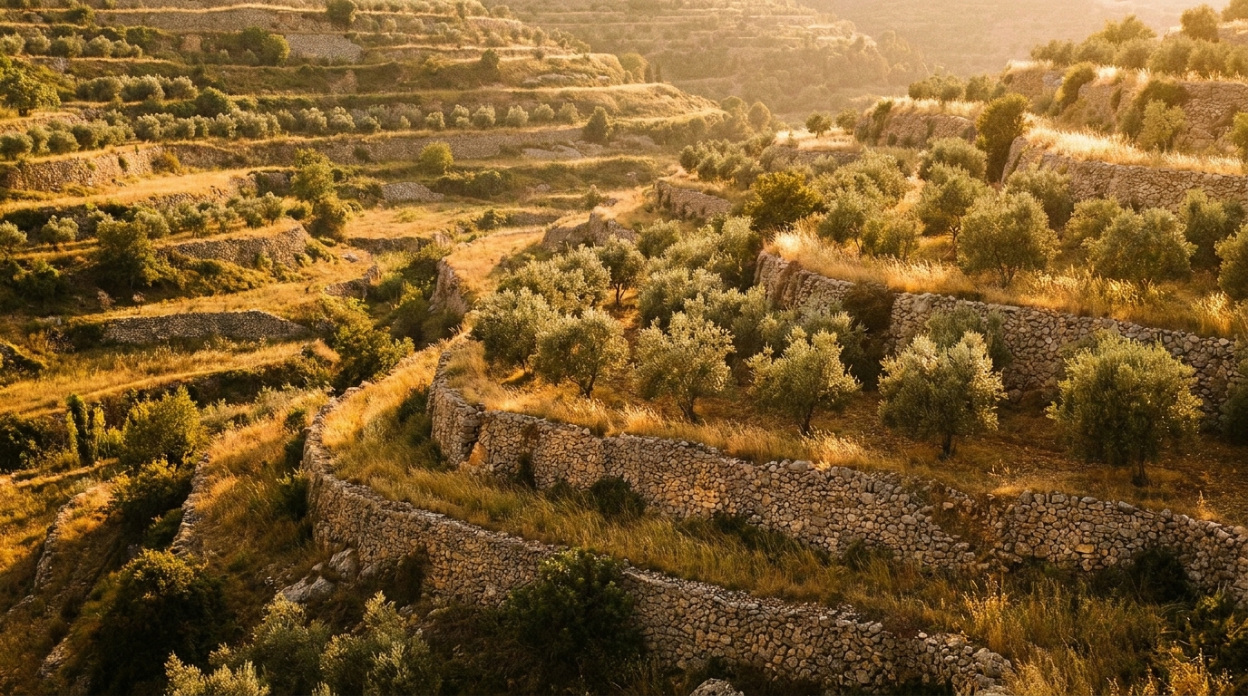 Agricultural terraces in Lebanon's Chouf District at golden hour