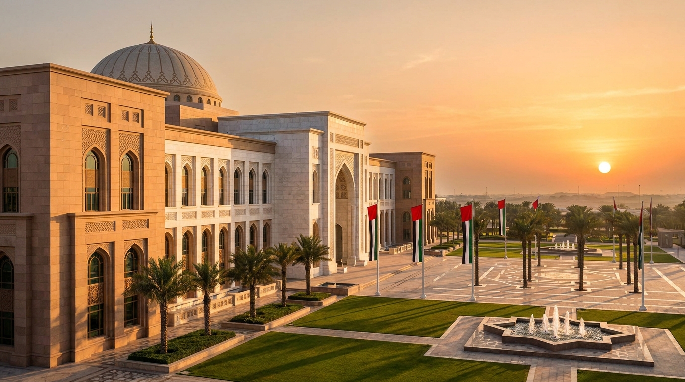 Government building exterior, Gulf region, golden hour light