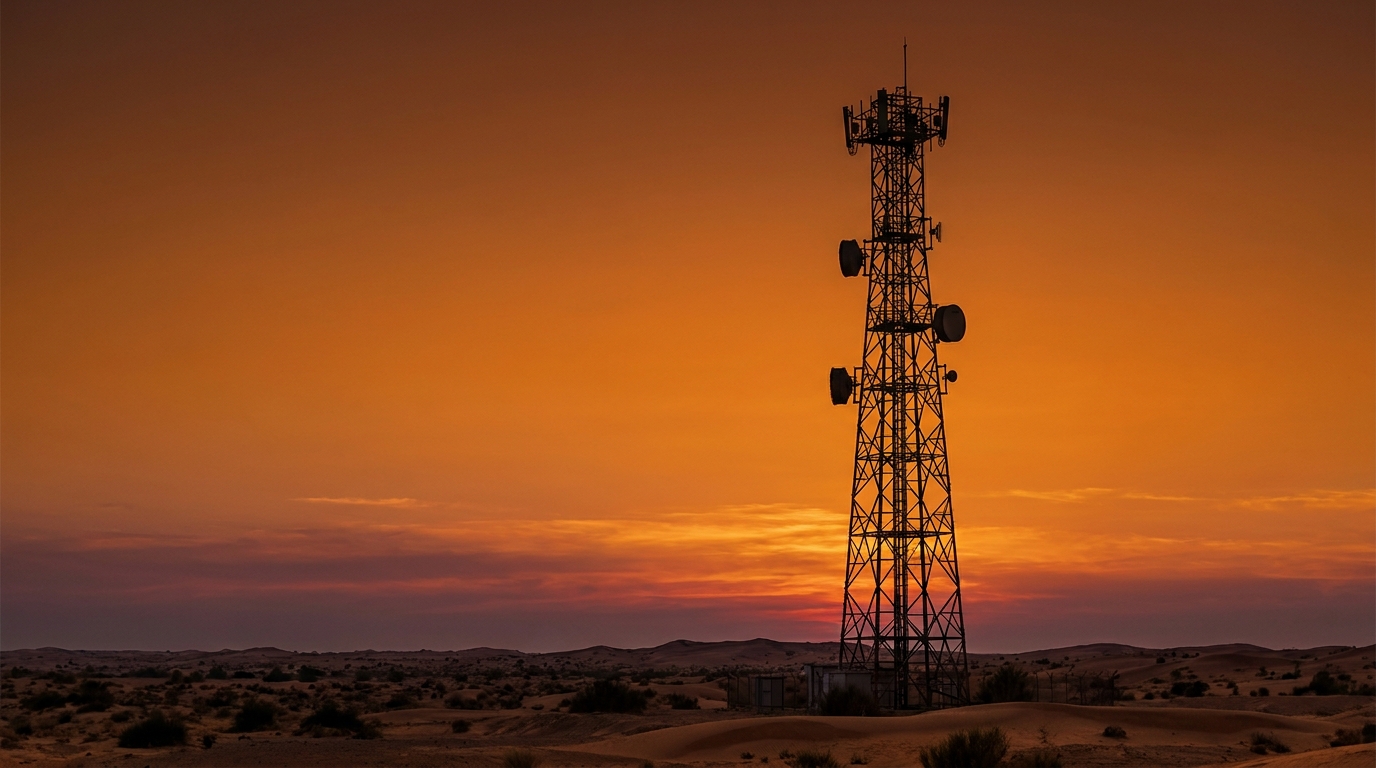 Telecommunications tower silhouette against Gulf desert sunset