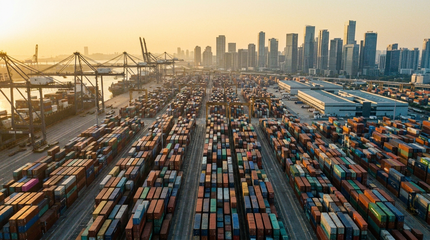 Cargo port aerial view with shipping containers and city skyline