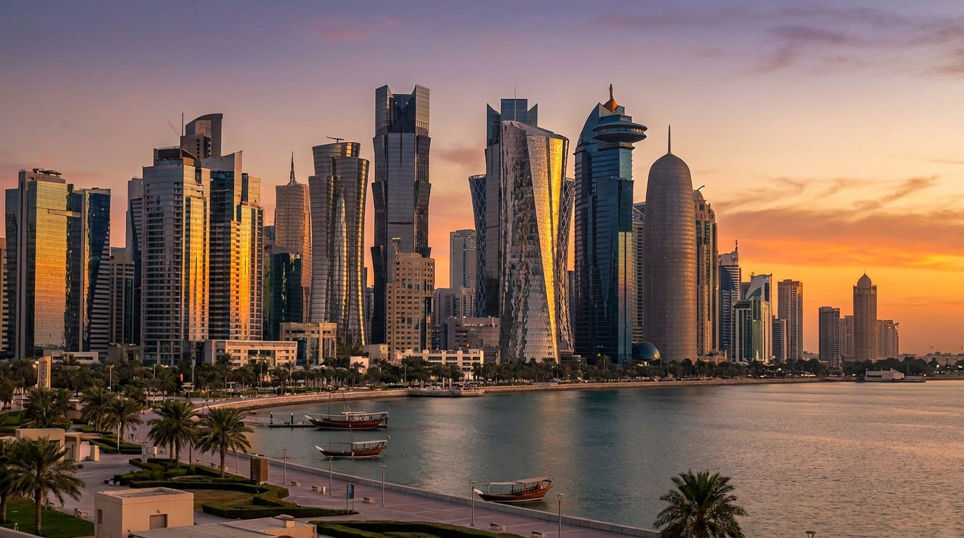 Gulf city financial district skyline at sunset