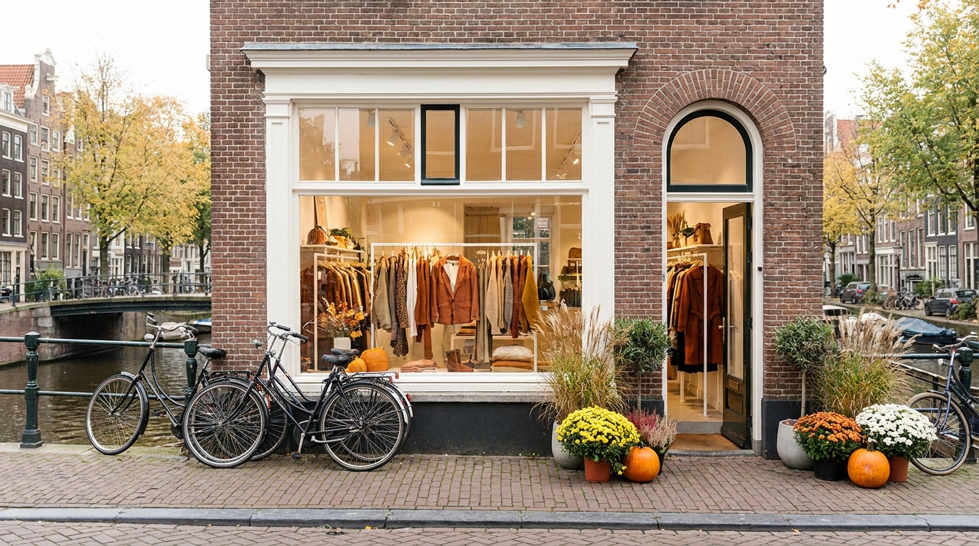 Amsterdam canal-side boutique storefront with bicycles in autumn