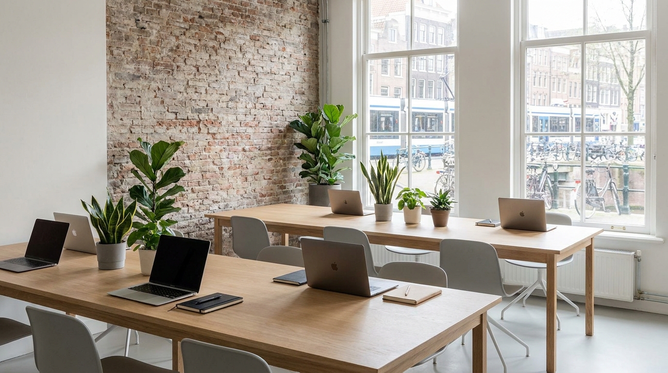 Modern Amsterdam coworking space with laptops and plants
