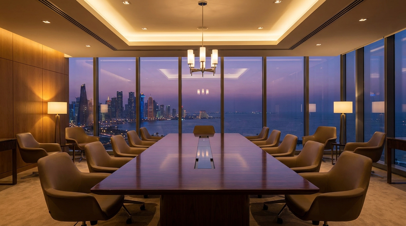 Executive boardroom with Gulf city skyline view at dusk