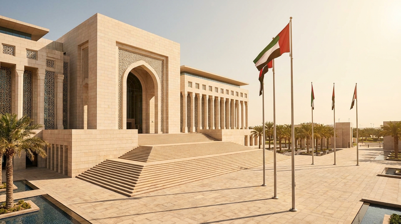 Government institutional building with ceremonial steps and flagpoles