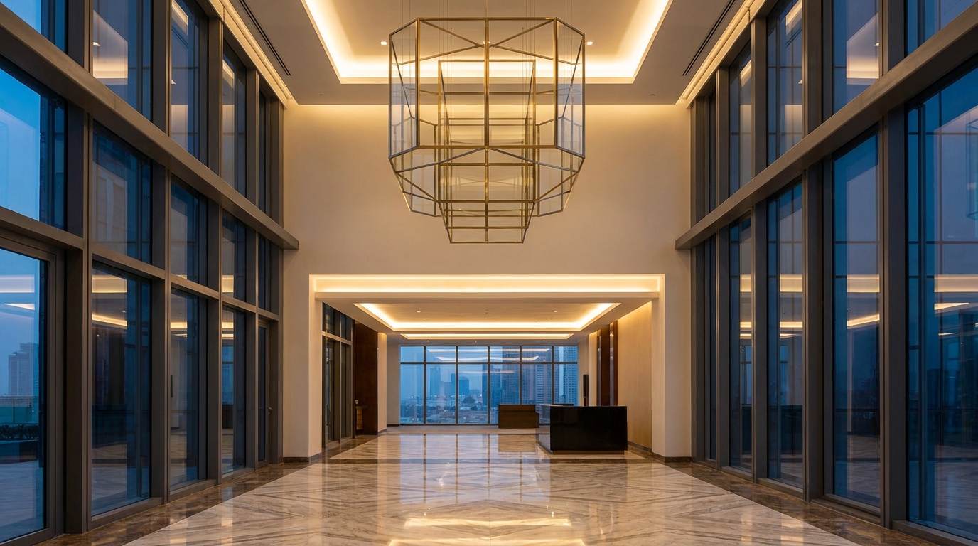 Corporate headquarters lobby with marble floors and geometric chandelier