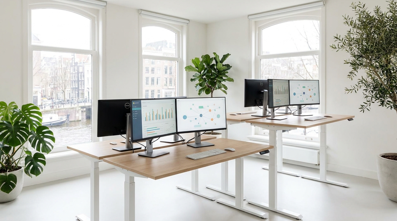 Dutch office interior with standing desks and analytics displays